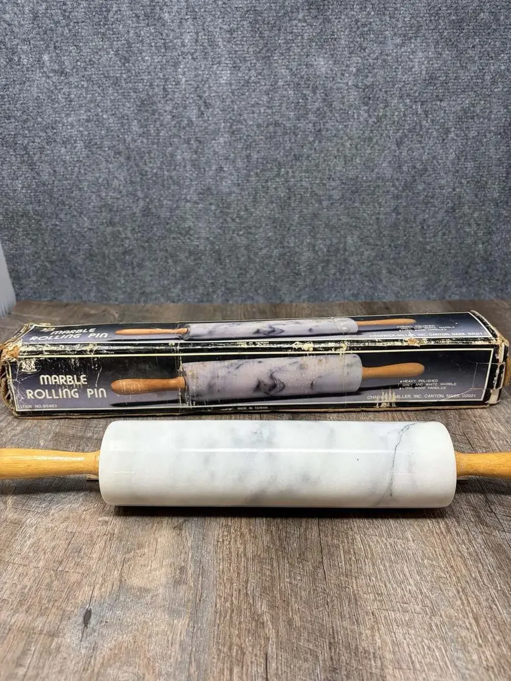 Vintage Chadwick-Miller white Marble Rolling Pin with Wooden Handles heavy 18”